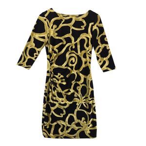J Mclaughlin Catalina Midi Dress Women Small Black Gold Pattern Preppy Versatile